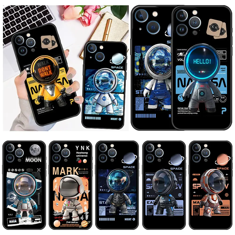 

Case For Apple iPhone 14 11 13 12 Pro 7 Plus XR X XS Max 6 6S 13Pro Max Black Silicone Phone Funda Cute Astronaut Hand Lanyard