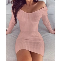 long sleeved dress ladies v neck slim sexy solid color 2021 fall new fashion all match outer wear nightclub club female skirt