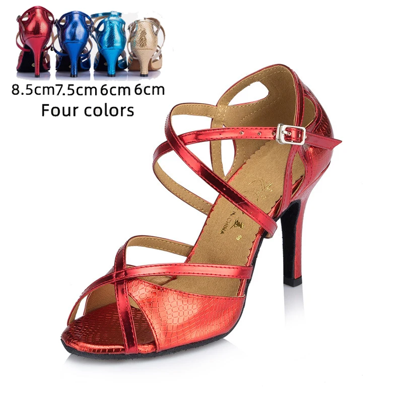 

Женские туфли для латиноамериканских танцев, золотистые, синие, красные туфли для бальных танцев, сальсы, обувь на высоком каблуке 8,5 см/7,5 см/6 см, вечерние сандалии с мягкой подошвой для девочек