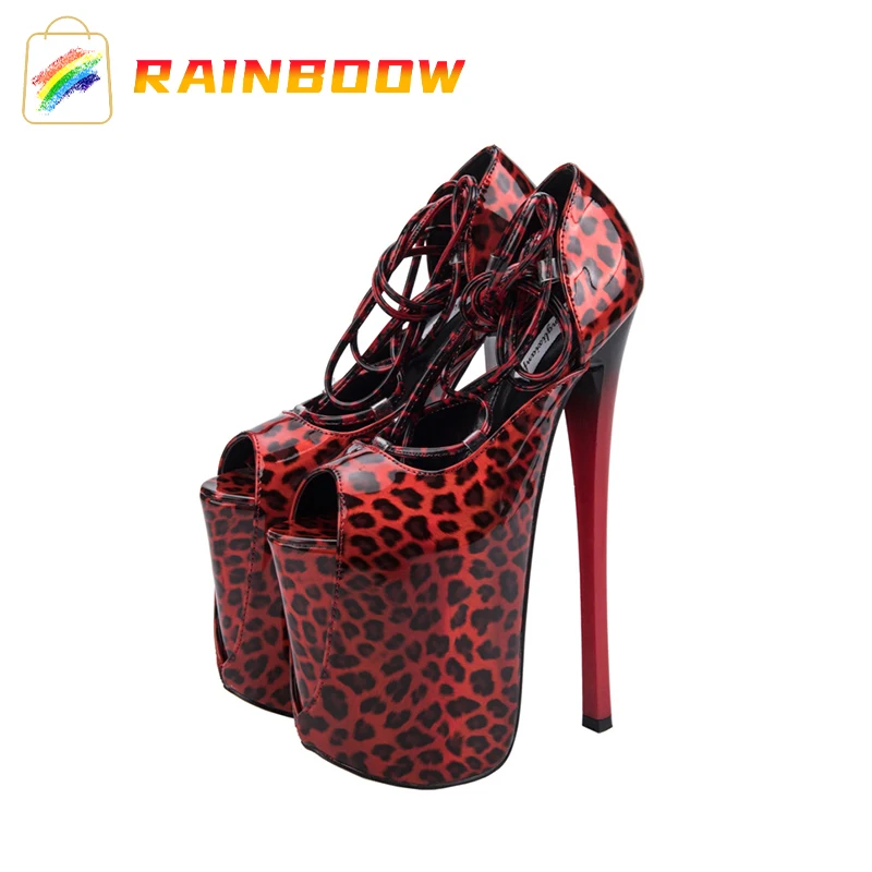 

Sandals Summer New Super Stiletto High Heels 22cm Strappy Leopard Print Sandals Large Size Hollow Fish Mouth Women's Shoes 34-47