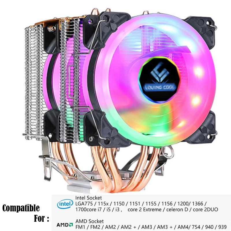 CPU 1155 Cooler 4 Heat Pipes 4 Pin PWM RGB PC Quiet Intel LGA 775 1200 1150 1151 AMD FM1 AM3 AM4 754 Cooling