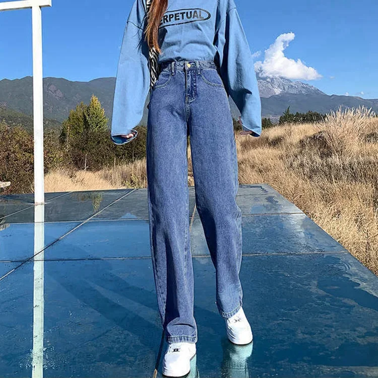 Черно-серые джинсы с завышенной талией женские осенне-зимние прямые свободные