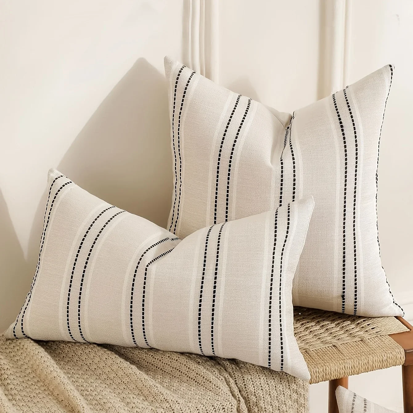 

Льняные наволочки в богемном стиле для фермерского дома, бежевые с белыми полосатыми узорами, декоративные наволочки для дивана и гостиной