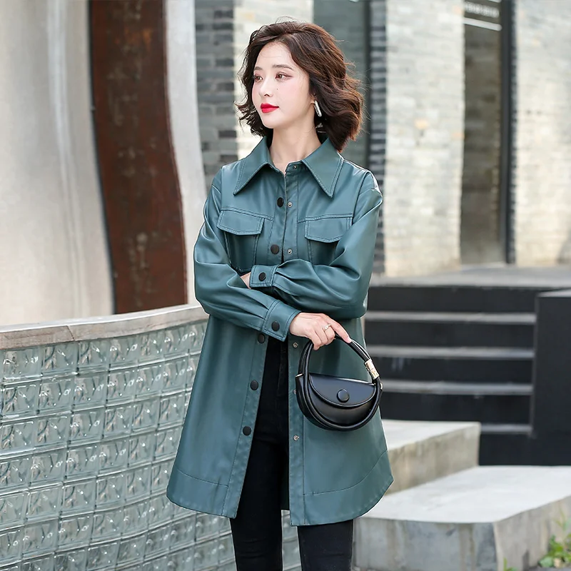 Women's Mid-Length Walker Leather Coat Snap Closure Faux Leather Jacket Casual Lapel Long Suit Trench Coat Outerwear with Belt