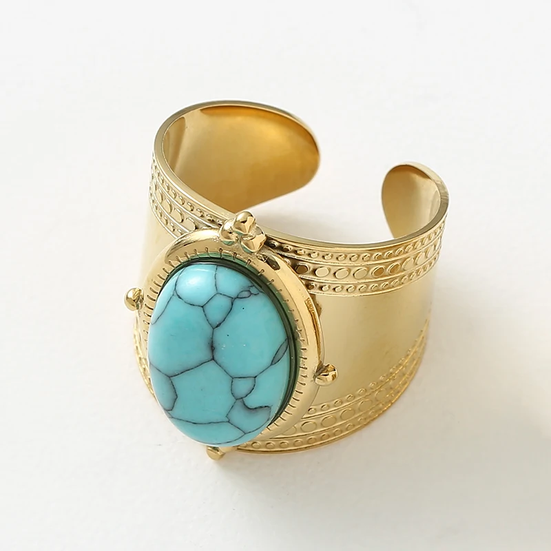 

Gold Plated Natural Stone Rings For Women Jewelry 18K Gold Adjustable Ring Open Chunky Stainless Steel Turquoise Vintage Ring