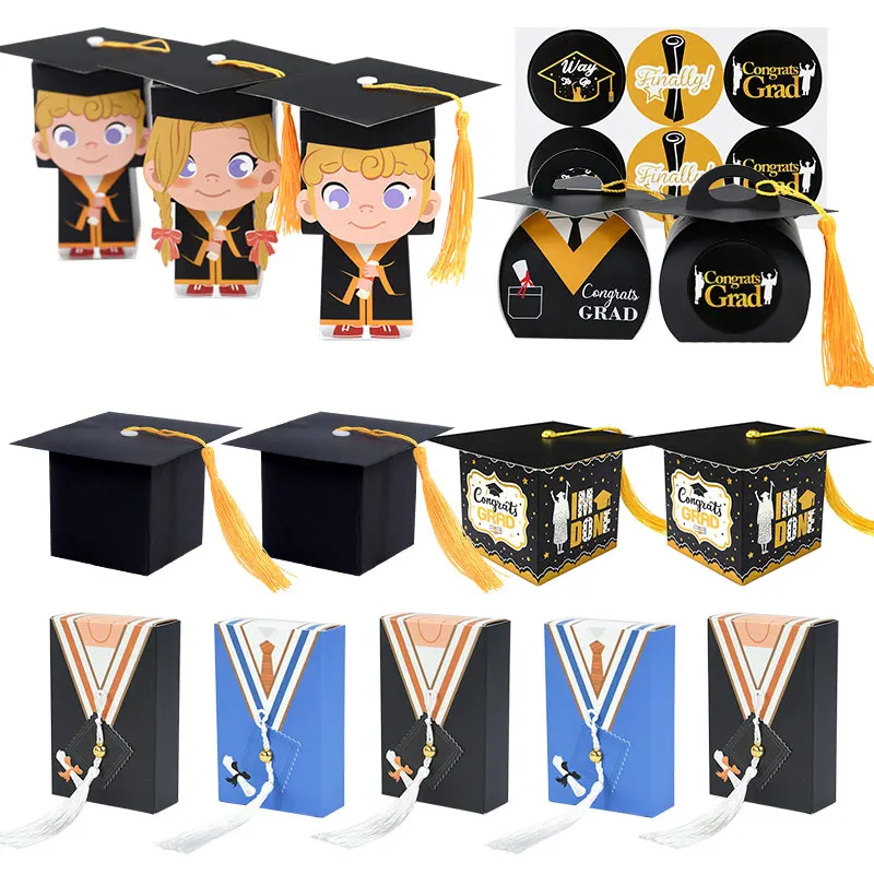 

5/6pcs Graduation Congratulation Gift Candy Boxes Class Of 2023 Bachelor Hat Cap Cookie Packaging Box Celebration Party Decor