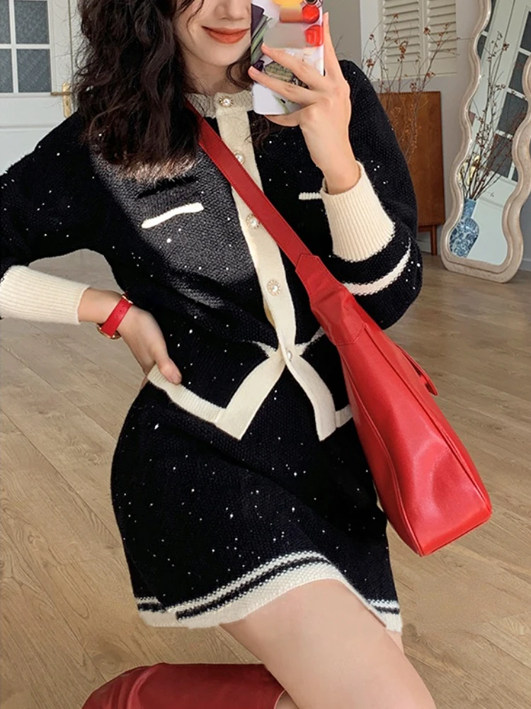 

Vintage Knitted Sweater Suits Women 2023 Spring Casual 2 Piece Dress Set Office Lady Elegant Y2k Clothing Korea Fashion Cardigan