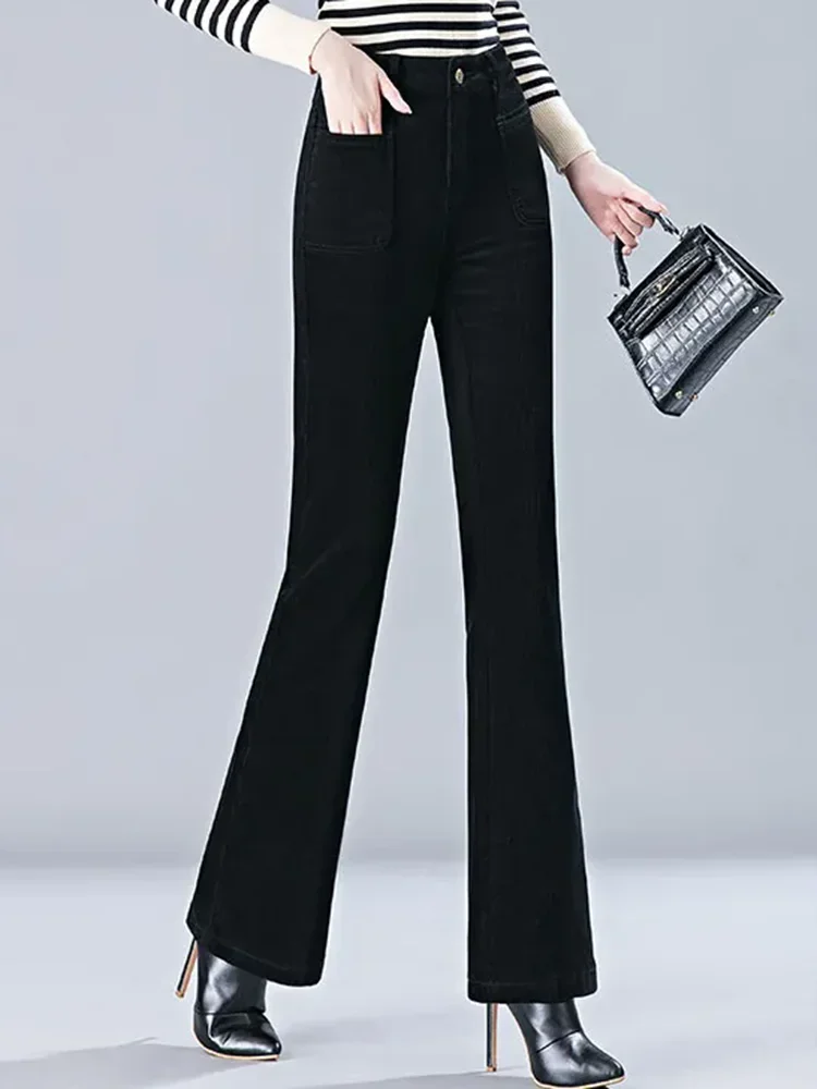 Осенне-зимние теплые облегающие вельветовые расклешенные брюки женские