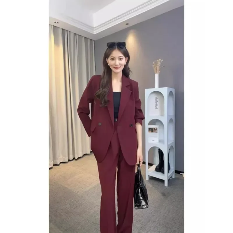 Осень 2024 новый высококачественный офисный стиль красный пиджак и длинные брюки