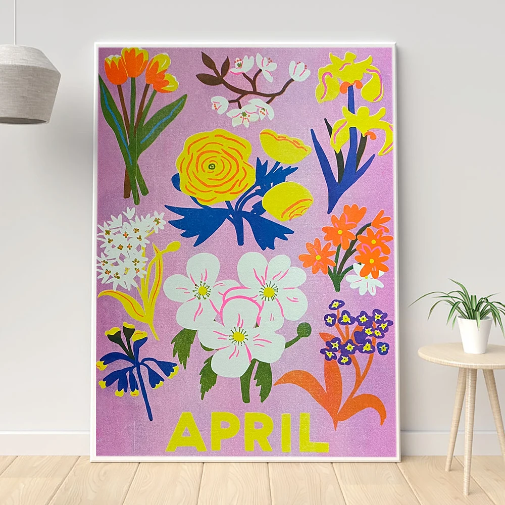 Апрельский современный плакат с цветами и растениями Художественная печать