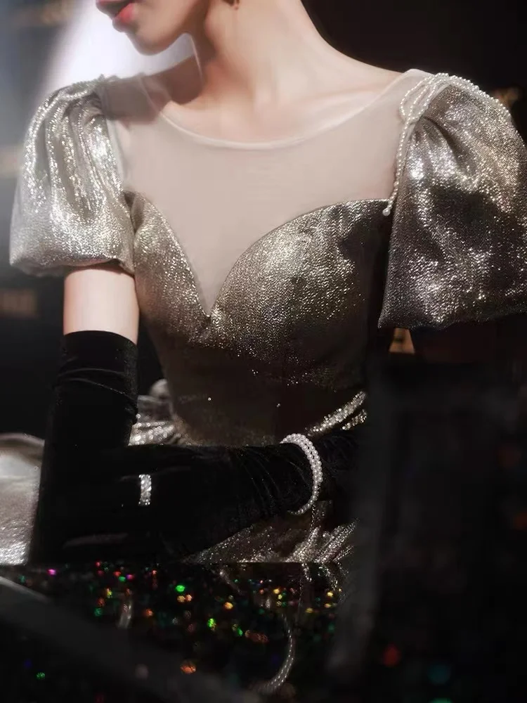 

Женское элегантное вечернее платье во французском стиле, вечерние платья до пола с круглым вырезом и пышными рукавами, Женские коктейльные ...