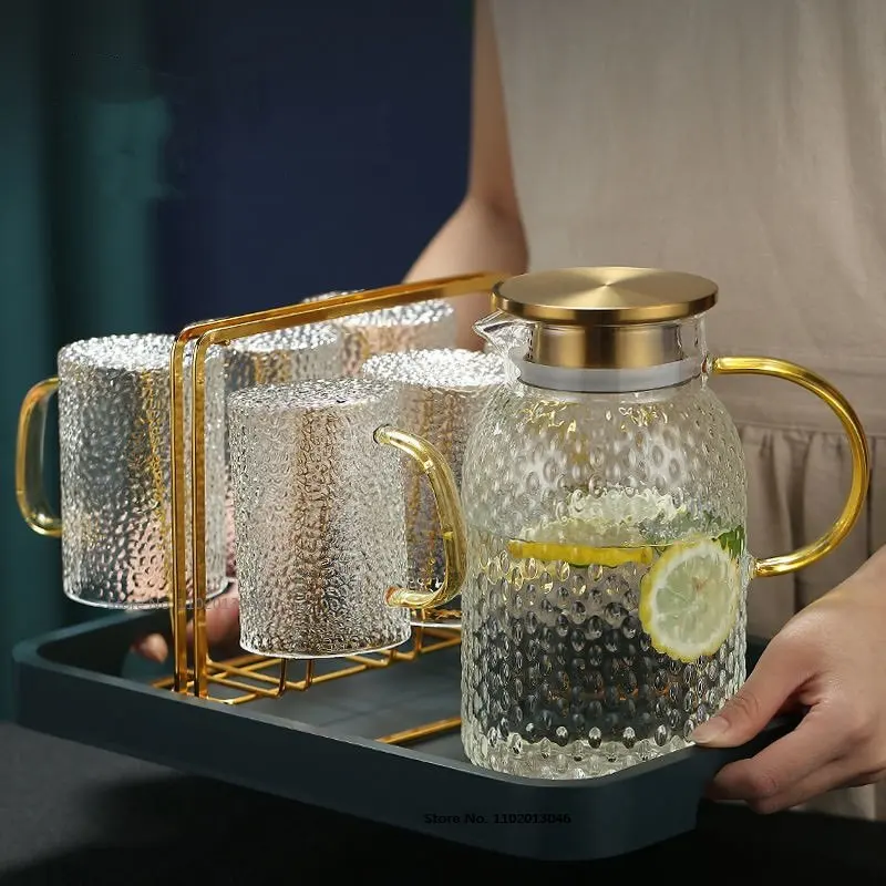 

1 Set Bamboo Lid Heat Resisttant Cold Hot Kettle Large-capacity Tea Pitcher Water Juice Jug Cup Glass Water Pitcher with Handle