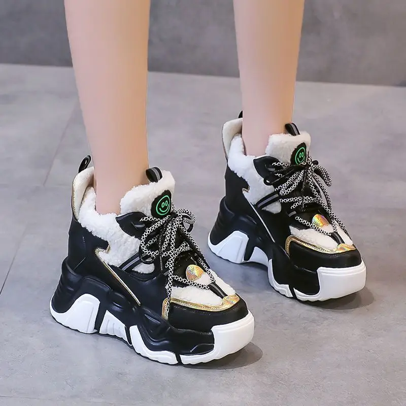 

Women's Chunky Sneakers Breathable Platform Sports Shoes Woman Lace Up Thick Sole Casual Shoes Plush Winter Sneakers for Women