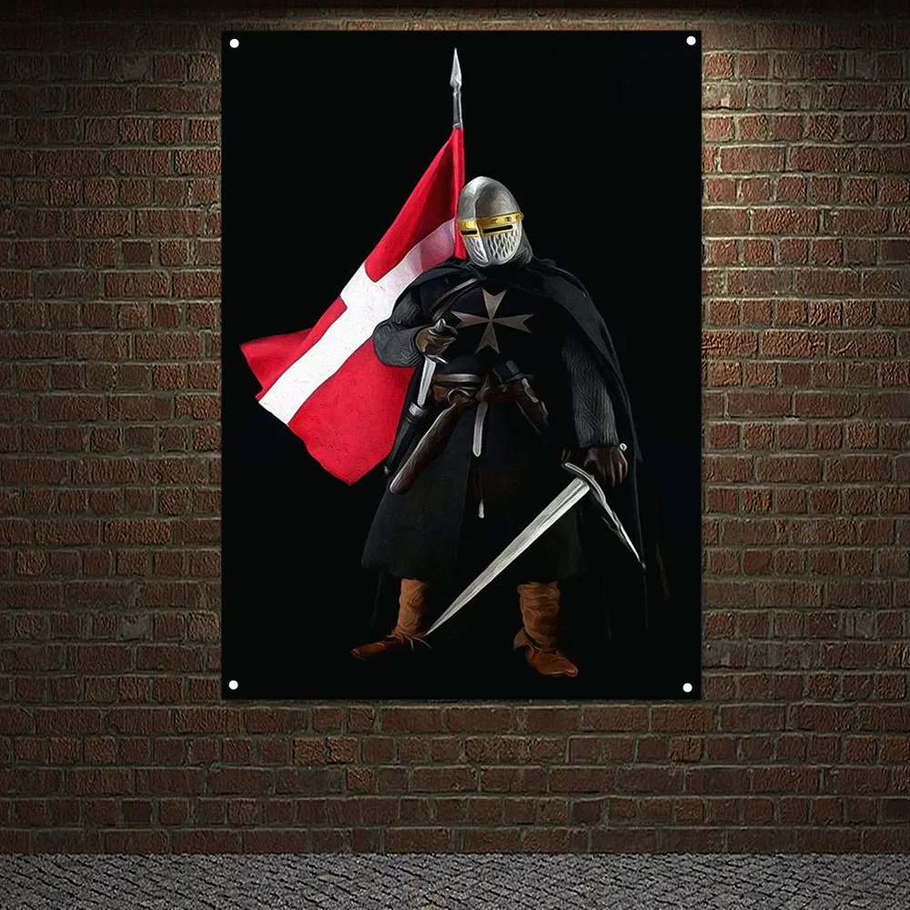 

Ancient Military Art Banner Flag, Armor Warrior Charging Into Battle Poster Canvas Painting, Knights Templar Wall Hanging Mural