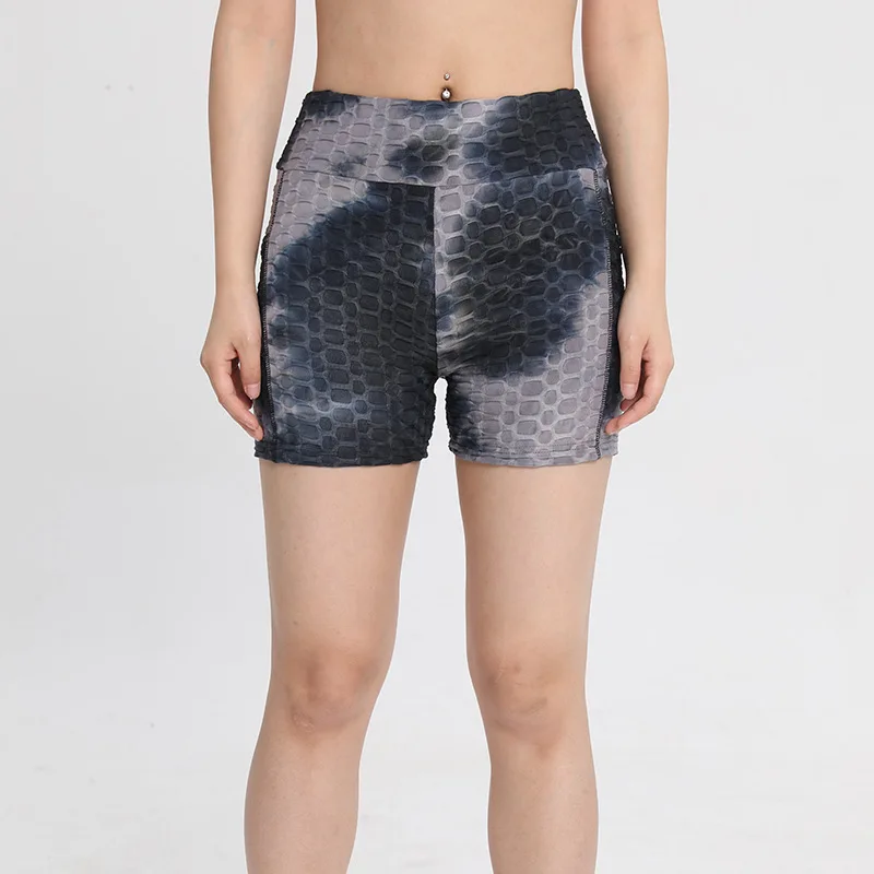Women Pocket Tie Dyed Bubble Yoga Shorts High Waist Gym Shorts Workout Short Fitness Running Short Athletic Legging