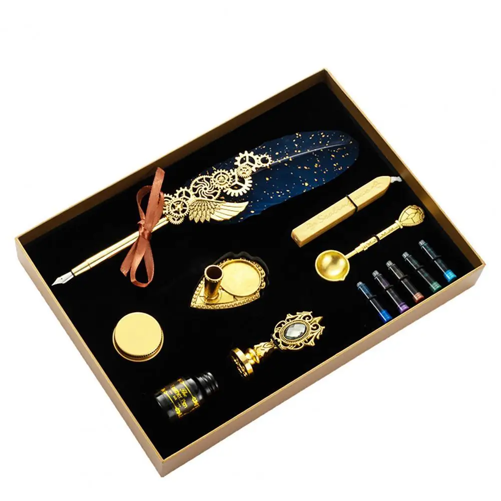 

1 Set Decorative Quill Pen Set Retro Copper Comfortable Vintage Nibs with Birthday Box Grip Ink Set for Study Room Office Gift