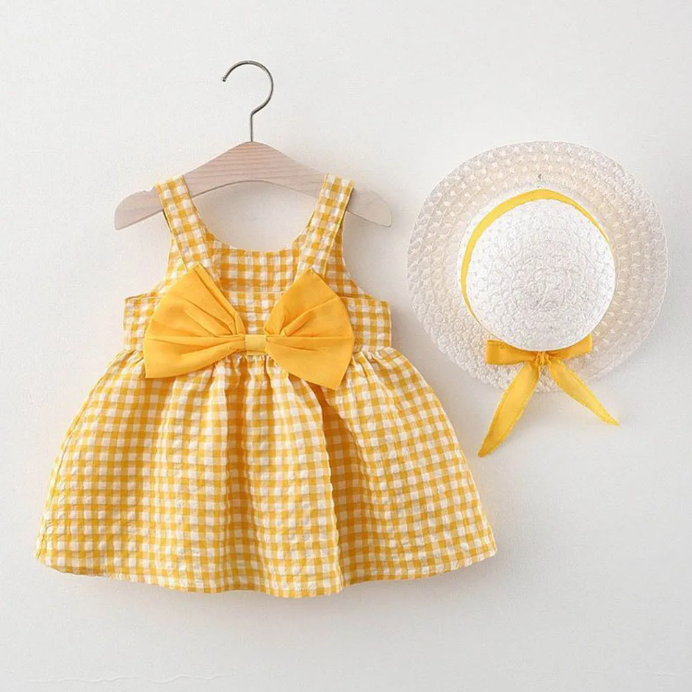 

Menoea Girls Sweet Dresses 2022 Baby Girl Cotton Bow Princess Tutu Dress Summer Newborn Square Neck Sling Plaid Dress + Sunhat