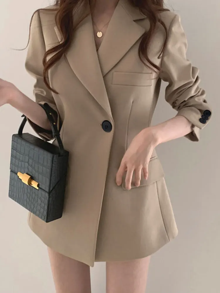

RDMQ 2023 Office Casual Blazer Coat Women Notched Single Button Pocket Long Sleeve Suits Top Female Spring Solid Elegant Jacker