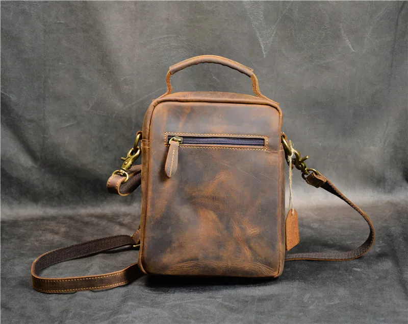Vintage outdoor daily crazy horse cowhide men small handbag weekend casual natural genuine leather shoulder messenger bag