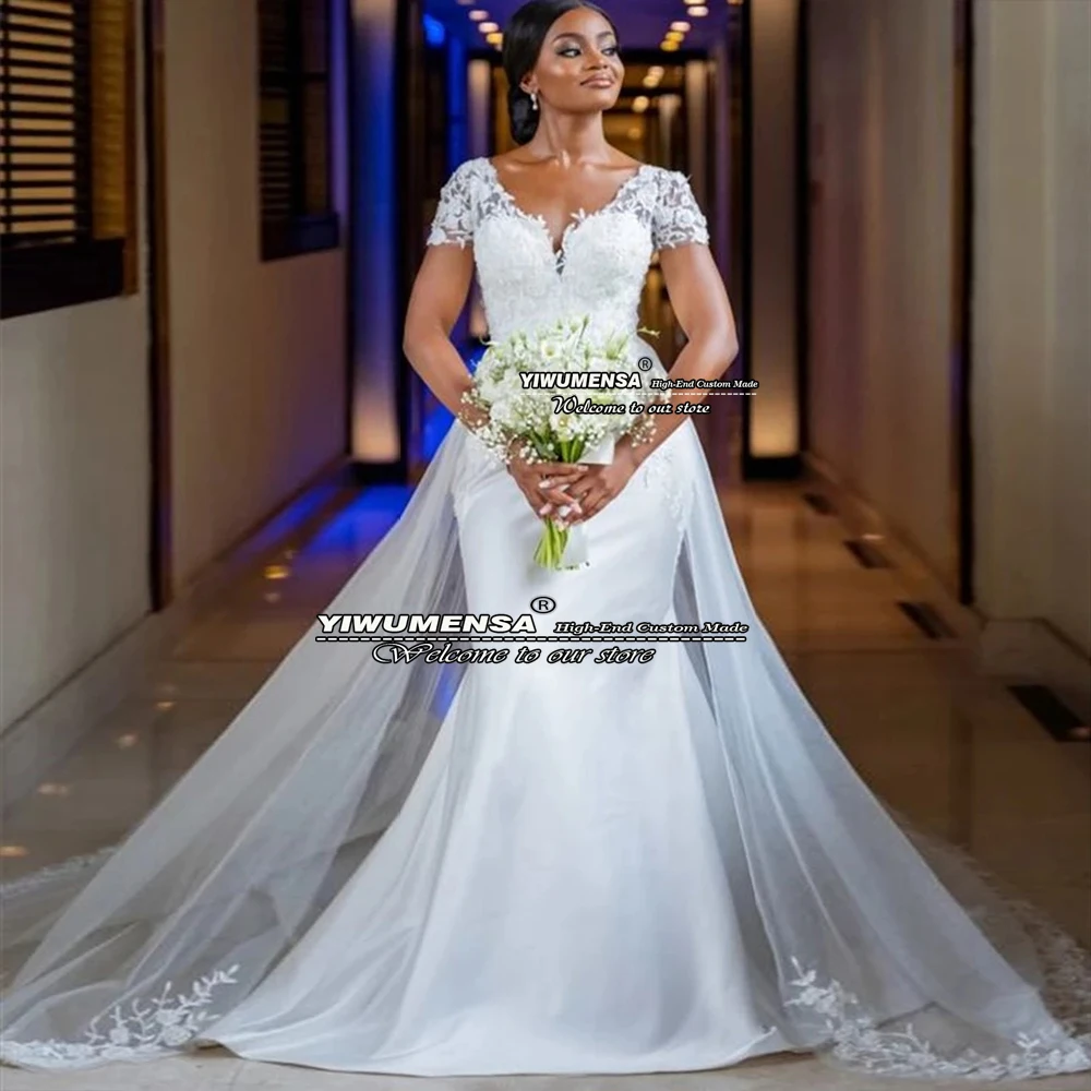 

Boho Mermaid Wedding Dress With Skirt Satin Appliques African Bride Bridal Gowns 2023 Formal Women Party Dresses Short Sleeves