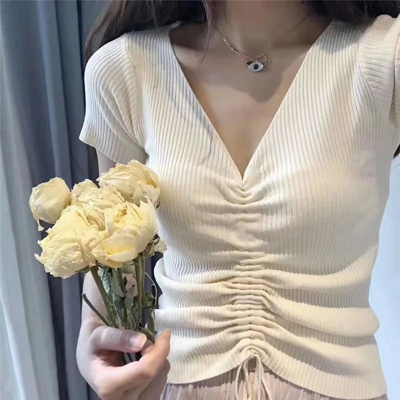 

V-neck Short-sleeved Knitted T-shirt Women's New Summer Drawcord Lace Up Slim Fashion Short Top Trend