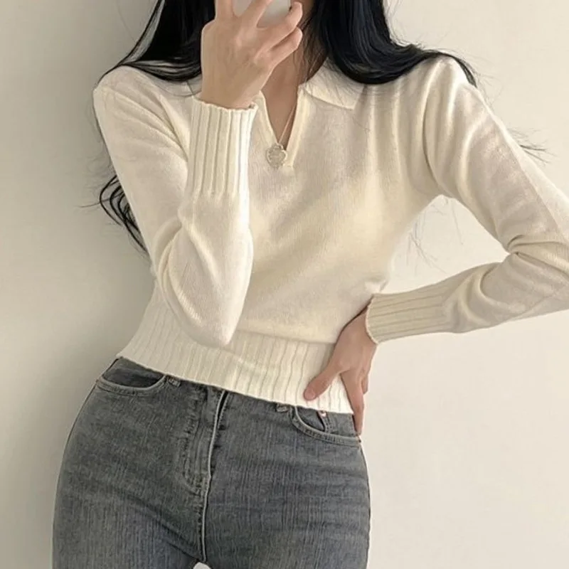 

Women's Sweater Solid Gentle New Autumn Office Lady Streetwear Basic Knitwear Vintage Simple Cropped Knitted Jumpers Y2k