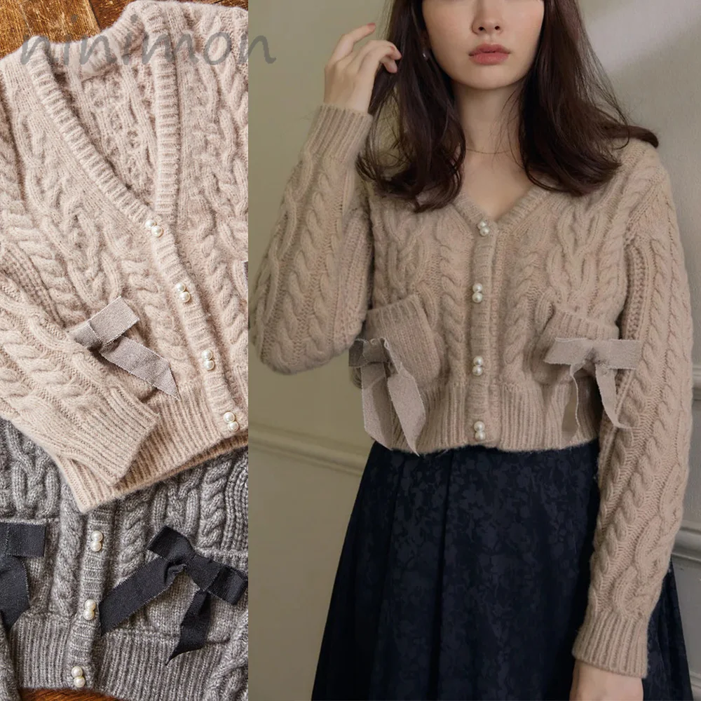 

NINIMON Double Bow Cable Knit Cardigan Japan Cute Sweet Short Knitwear Pearl Single Breasted Knitted Sweaters Soft Jacket Women