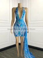 Real Sexy Prom Dresses 2023 With Side Train V-neck Light Blue Sequined African Black Girls Graduation Dress For Birthday Party