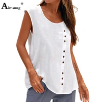womens latest casual linen t shirt sleeveless pullovers oversize female spliced buttons top 2022 summer loose basic tees shirt