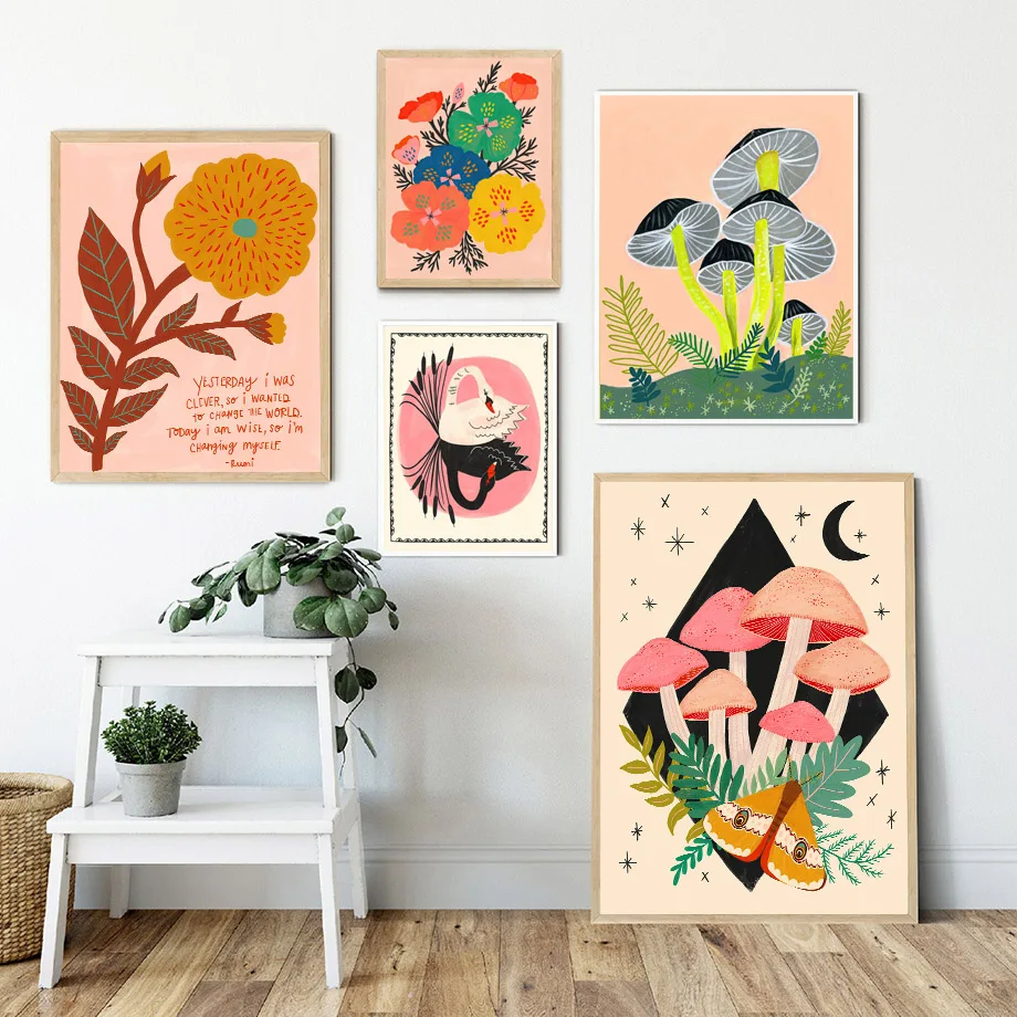 

Abstract Mushroom Flower Insect Deer Boho Wall Art Canvas Painting Nordic Posters And Prints Wall Pictures For Living Room Decor