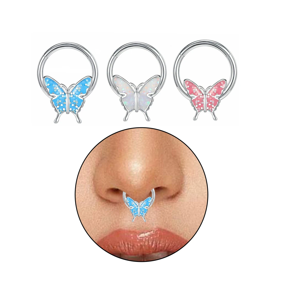 Кольцо в виде бабочки для носа, синяя бабочка, завитка ушной раковины, серьги, кольцо для пирсинга тела, ювелирные изделия