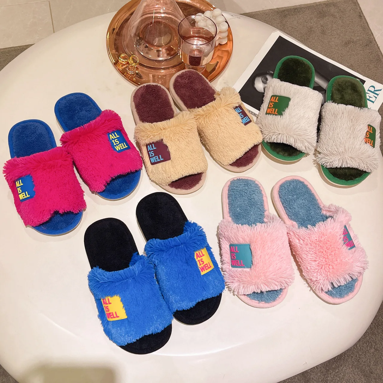 

Модные двухцветные хлопковые тапочки с открытым носком; Новые зимние домашние теплые плюшевые тапочки; Плюшевые хлопковые тапочки с открыт...