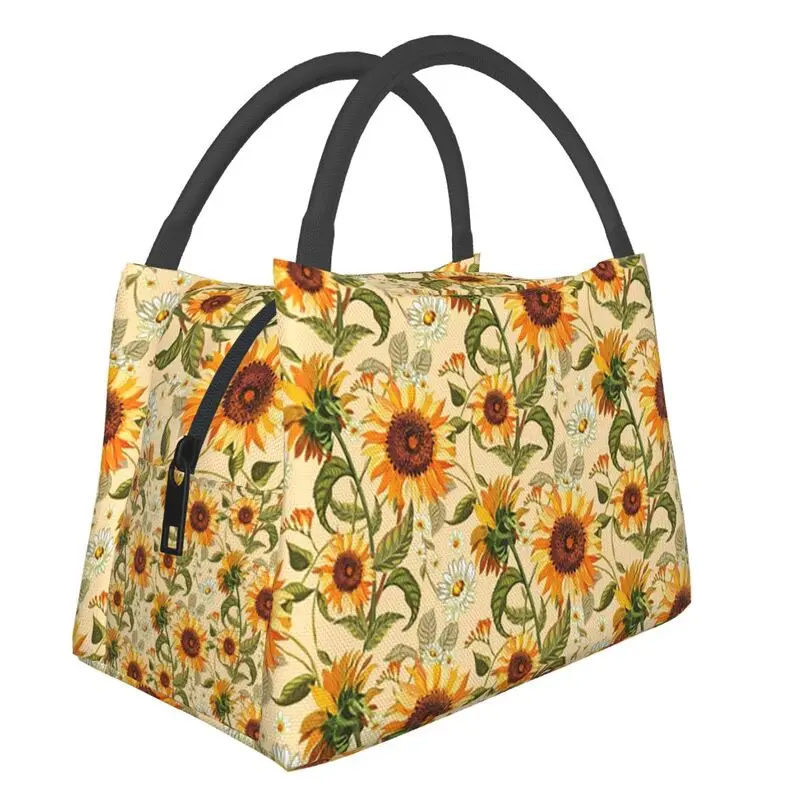 

70s Vintage Golden Sunflowers Insulated Lunch Bags for Camping Travel Retro Flowers Pattern Leakproof Thermal Cooler Lunch Box