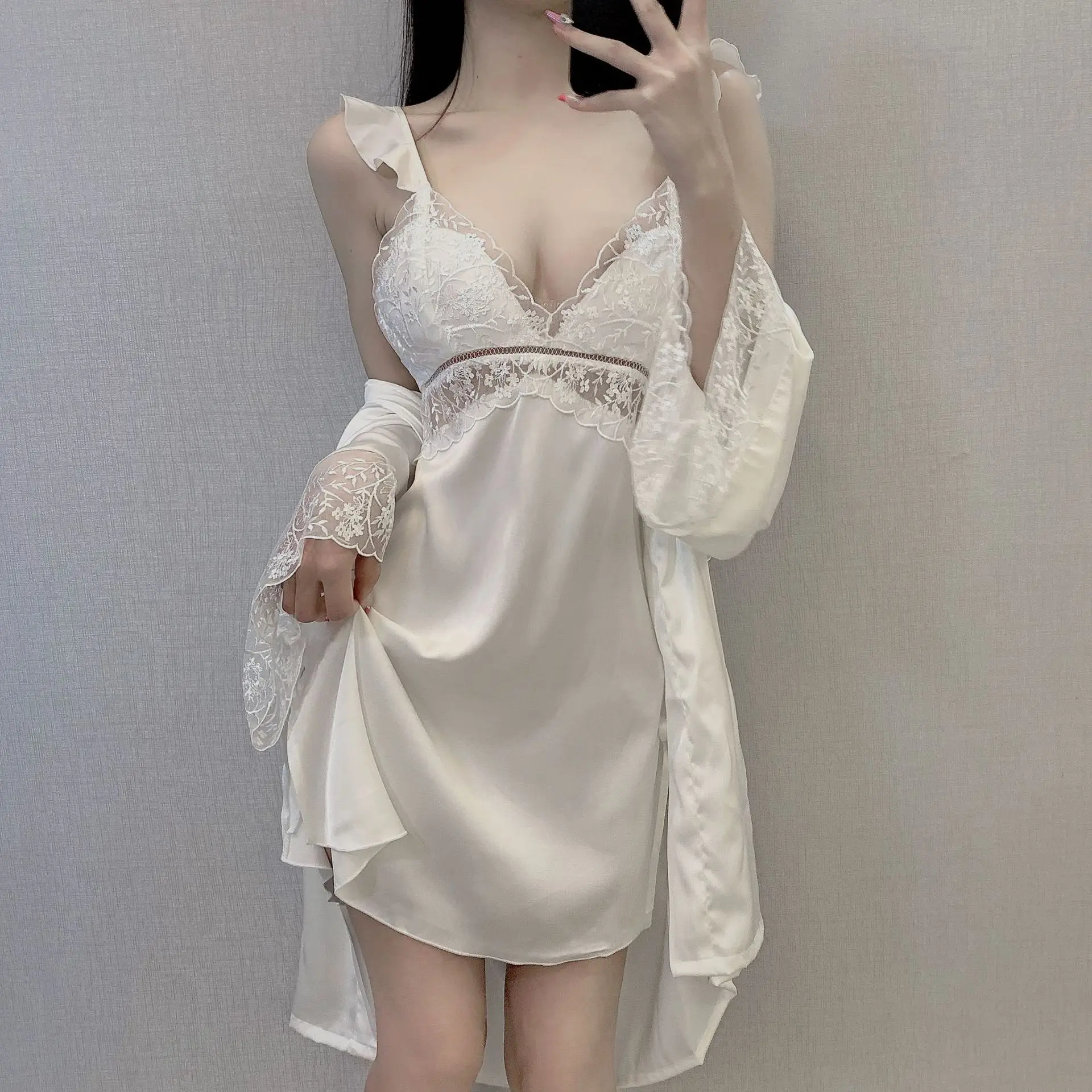 

Lace Satin Patchwork 2PCS Kimono Robe Set Female Nightwear Home Clothing Sexy Nightgown Bathrobe Gown Intimate Lingerie