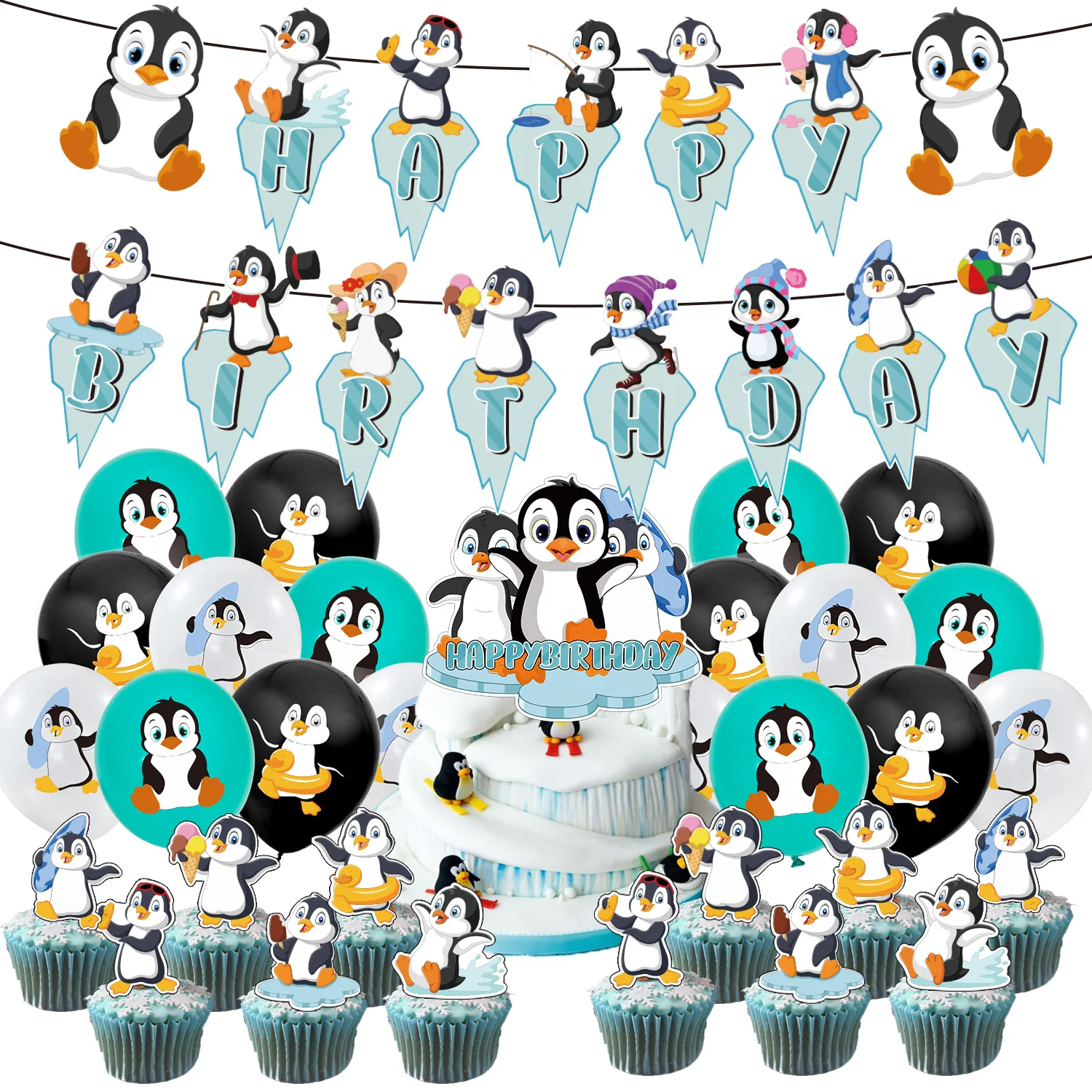 

JOYMEMO Penguin Theme Party Decoration Latex Balloon Set HAPPY BIRTHDAY Banner Animal Cake Topper Baby Birthday Party Supplies