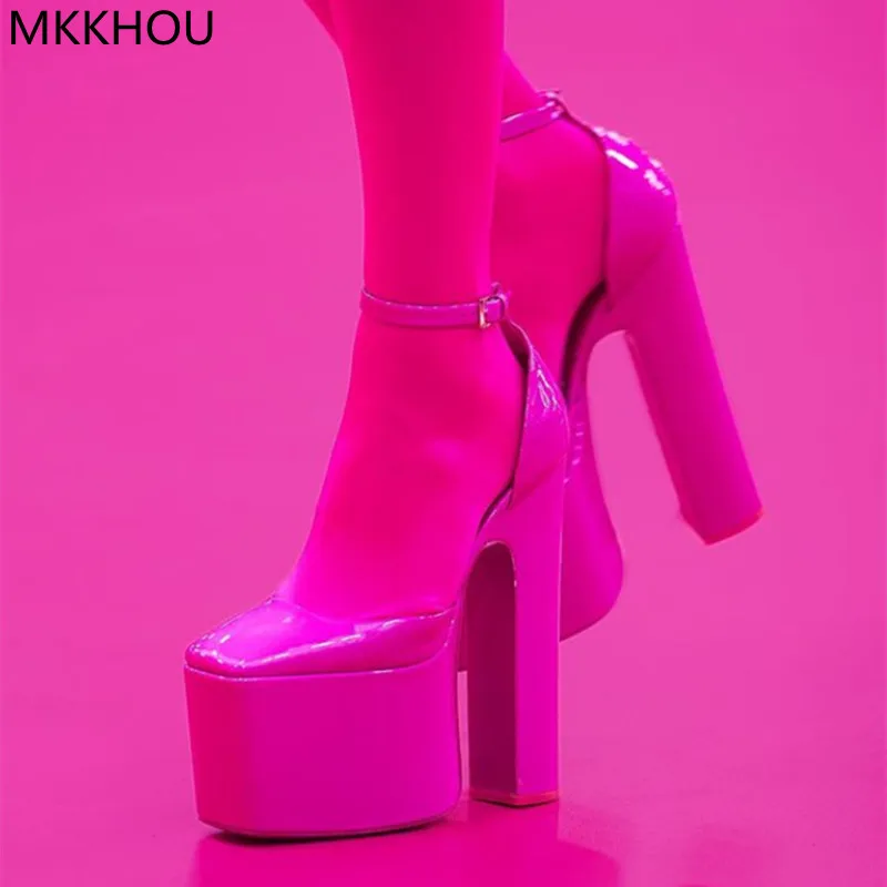 

MKKHOU Fashion Sandals Women New Square Toe Pink Platform Shoes Thick Heel 15cm Super High Heel Women Shoes Dress Modern Shoes