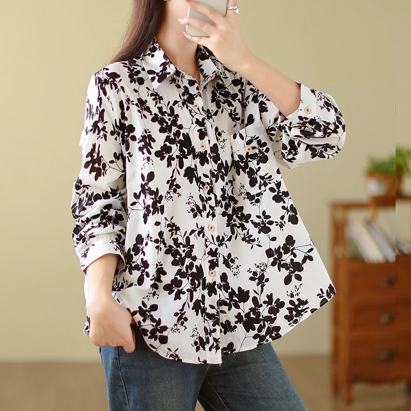 Женская Свободная блузка с длинным рукавом хлопковая однобортная Повседневная