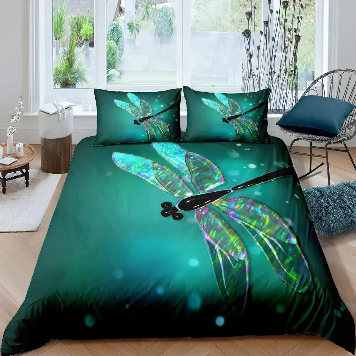 

Dragonfly Duvet Cover King/Queen Size Bedding Set for Kids Teens Adult,Colorful Wing Quilt Cover Green Polyester Comforter Cover