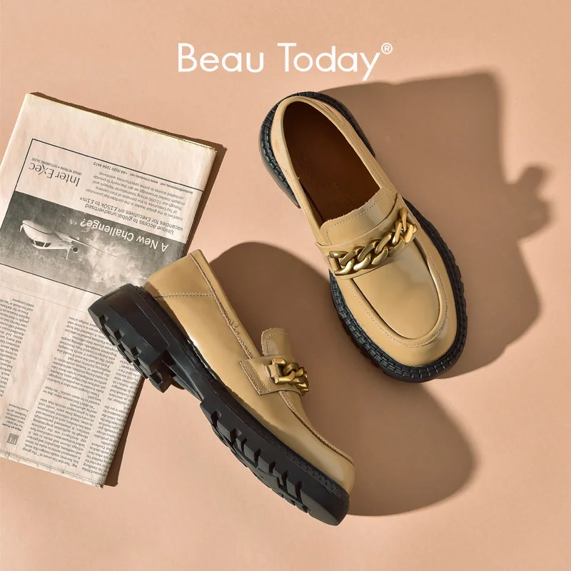 

Loafer Women Cow Leather Metal Chain Round Toe Slip On Ladies Shoes Thick Se Handmade FS27768