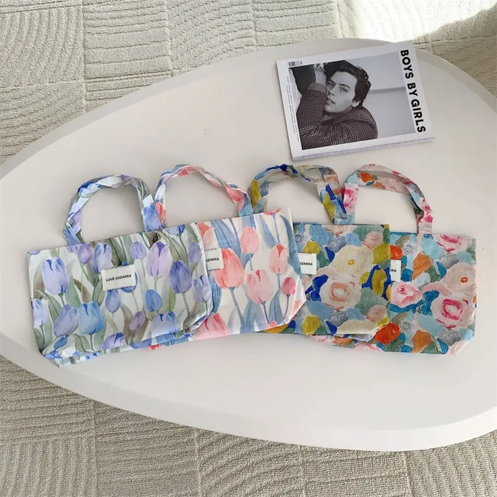 Oil Painting Floral Canvas Tote Bag Vintage Ins Style Tulip Japanese Style Multifunctional Shopping
