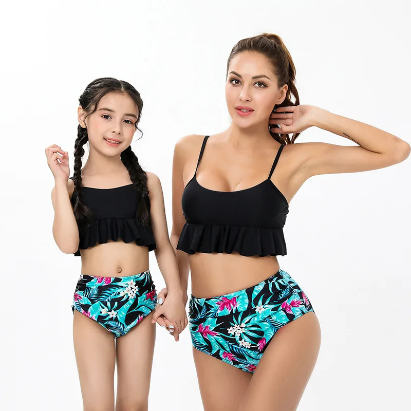 

Mother and Daughter High Waist Bikinis 2022 New Suspenders Swimwear Parent-child Swimsuit Bikini Set Print Bodysuit Bathing Suit