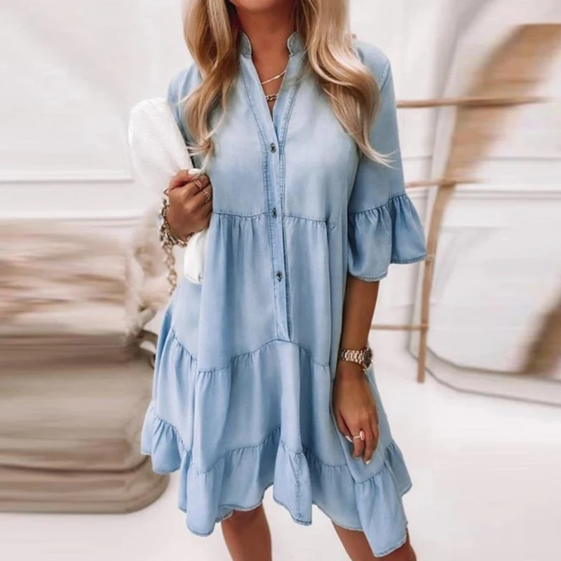 

New Summer Women Half Sleeve Solid Ruffle Party Dress Casual V-Neck Buttons Ladies Mini Dress Elegant Streetwear Dress Vestidos