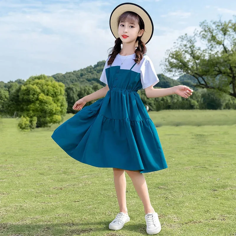 

New Summer Girls Short Sleeve Princess Dress Long Dress Cotton A Shape Recreational Pleated Dress Patchwork Children Clothing
