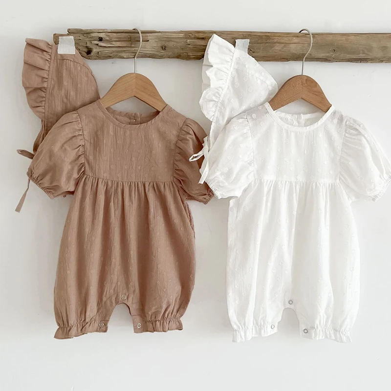 

Baby Girl Clothing Summer Korean Style Toddler Baby Girl Jumpsuit+Hat Short Sleeve Cotton Solid Color Newborn Baby Girls Romper