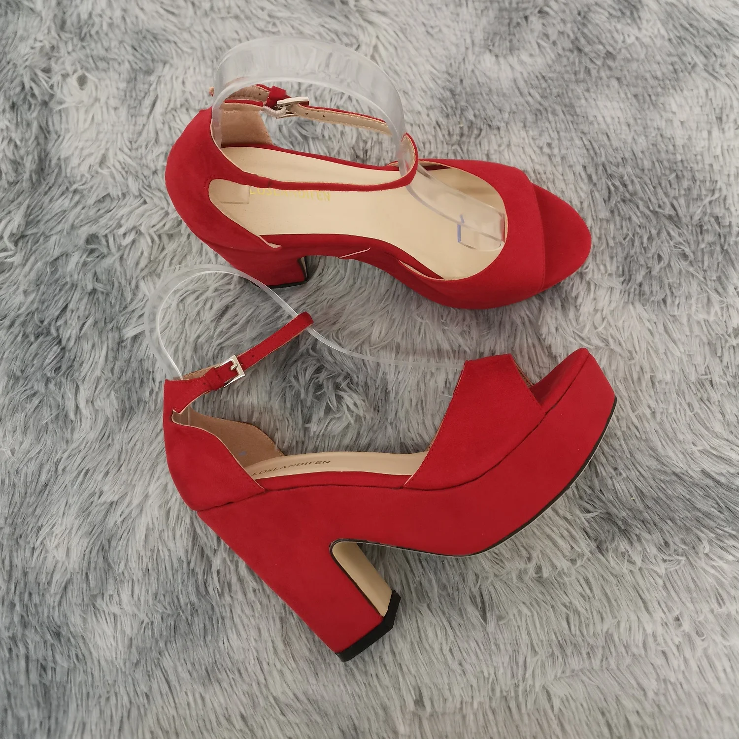 

Women Sandals Summer 12cm Sexy Peep Toe Thick High Heels Ankle Strap Sandal Square Flock Platform Red Wedding Shoes Plus Size