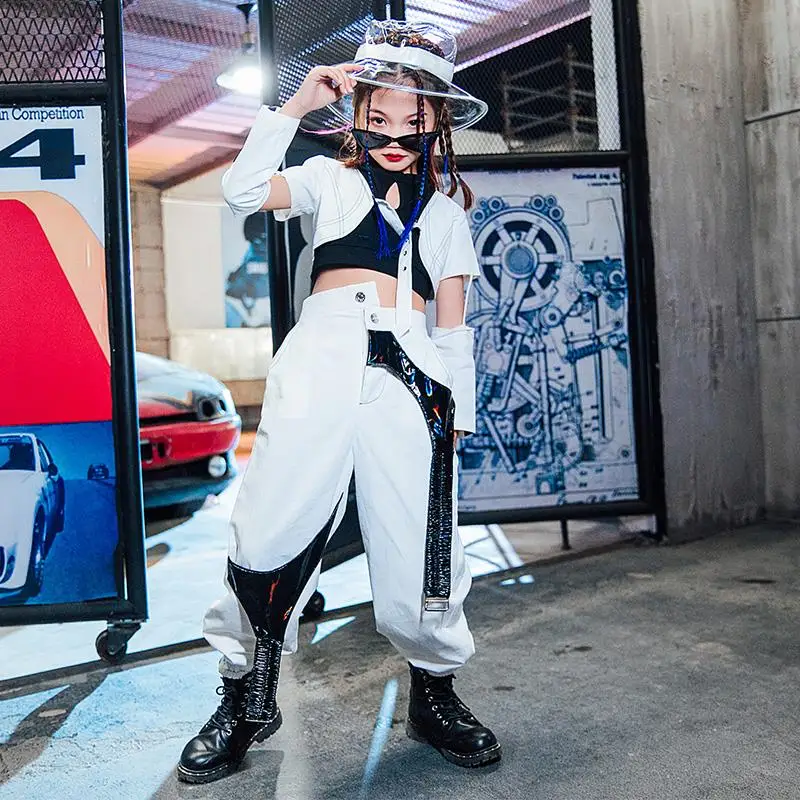 

New Girls Jazz Dance Costumes Hip Hop Dance White Handsome Suit For Kids Modern Street Dance Performance Stage Clothing