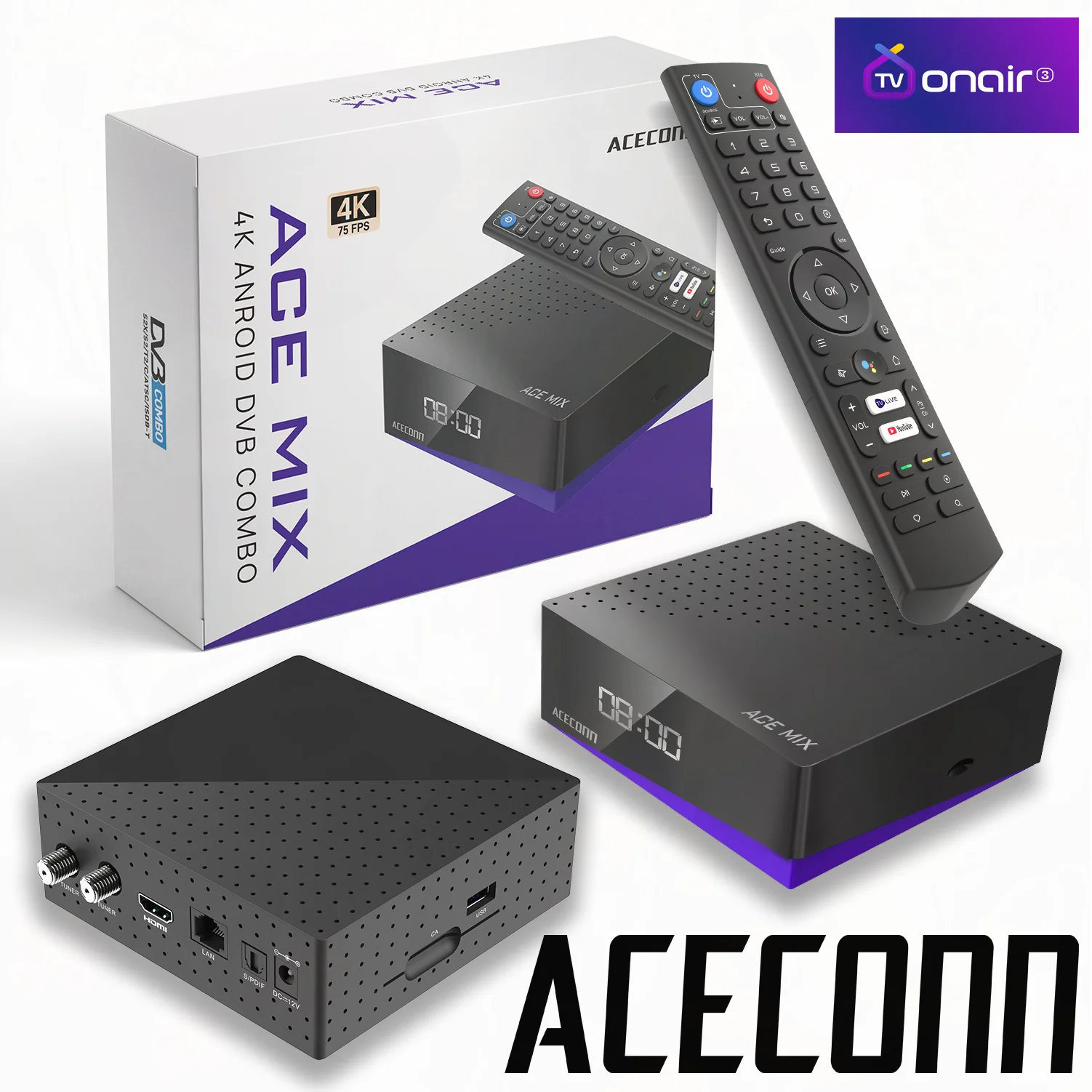 Фото ACECONN ACEMIX TV BOX Android DVB-S2/T2/C TVONAIR3 Легко добавить IPTV Abonment Box Спутниковый ресивер 2 ГБ 32 ГБ Телеприставка №2