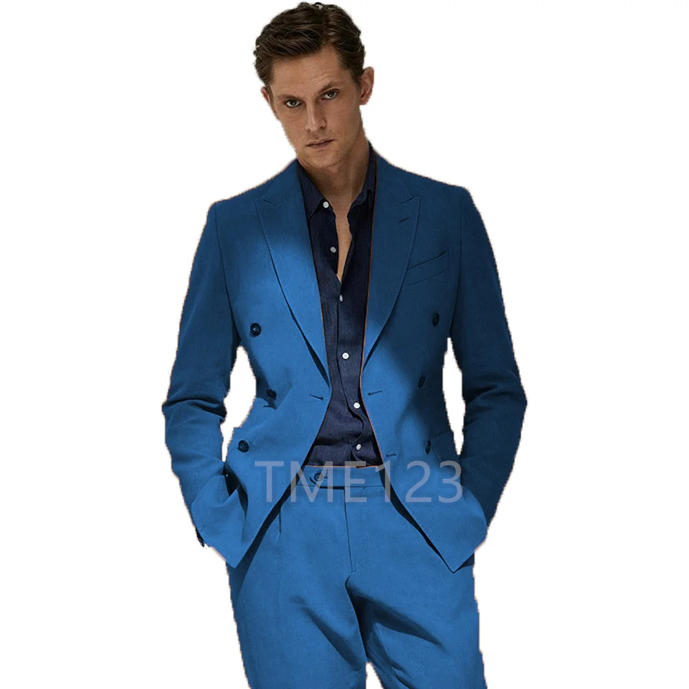 Costume Fashion Blue Mens Suits 2 Pieces Formal Business Blazer Tuxedos Peak Lapel For Wedding Groom Man ( Jacket+Pants)
