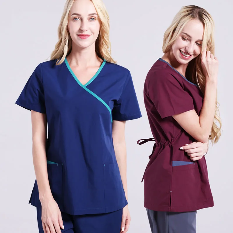 

Women's Nurse Scrub Uniform Medical Scrubs Set Mock Wrap Top Pant Dental Classic Hospital Nursing Workwear Tunic 19SS017