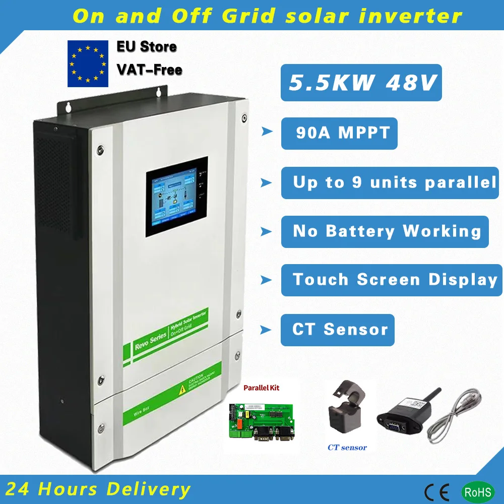 5.5KW 48VDC 230VAC Off and On Grid-Tied Hybrid Pure Sine Wave Solar Inverter 5500W PV Power with 90A MPPT and Parallel Function